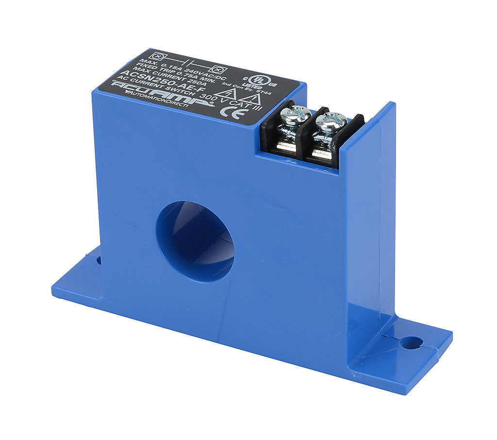 AcuAMP AC current switch, fixed core, 0-250A sensing range, 0.75A non-adjustable trip point, solid state switch, N.O. output, 0.15A @ 240 VAC/VDC output rating.-ACSN250-AE-F