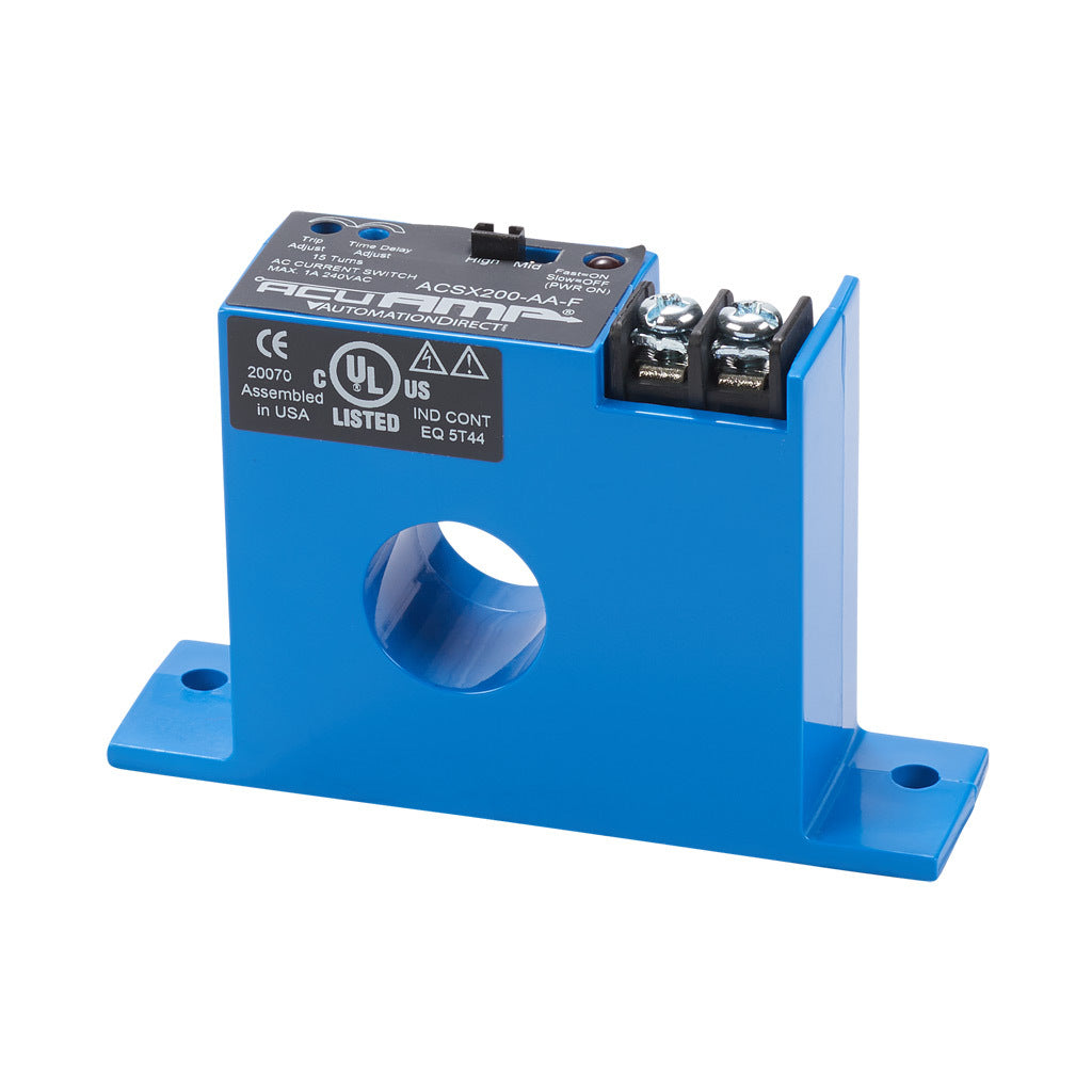 AcuAMP AC current switch, fixed core, 1.5-12, 12-55, or 50-175A selectable sensing range, 1.5-175A adjustable trip point, 15-turn potentiometer, solid state switch, N.O., adjustable time delay output, 1A @ 240 VAC output rating.-ACSX200-AA-F