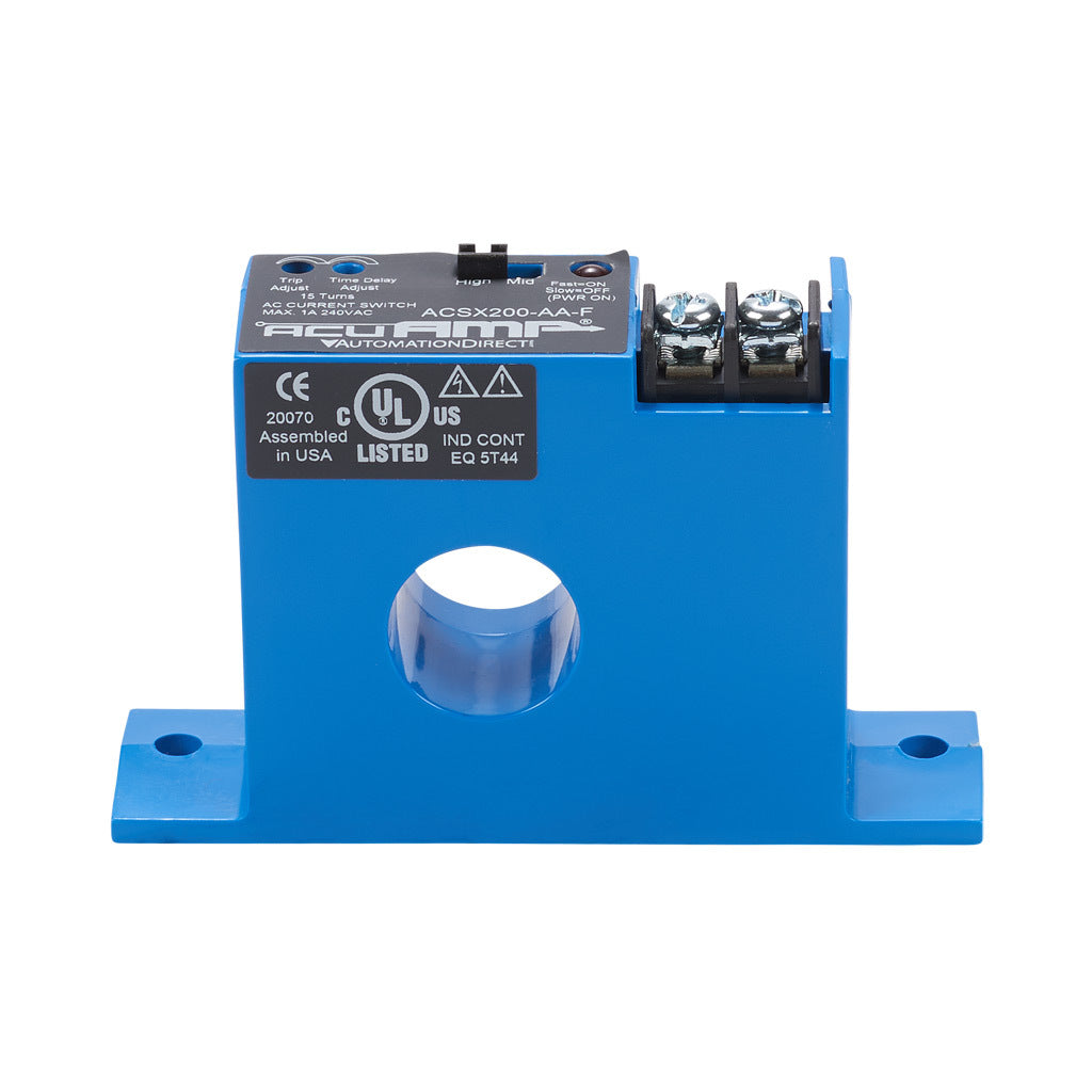 AcuAMP AC current switch, fixed core, 1.5-12, 12-55, or 50-175A selectable sensing range, 1.5-175A adjustable trip point, 15-turn potentiometer, solid state switch, N.O., adjustable time delay output, 1A @ 240 VAC output rating.-ACSX200-AA-F
