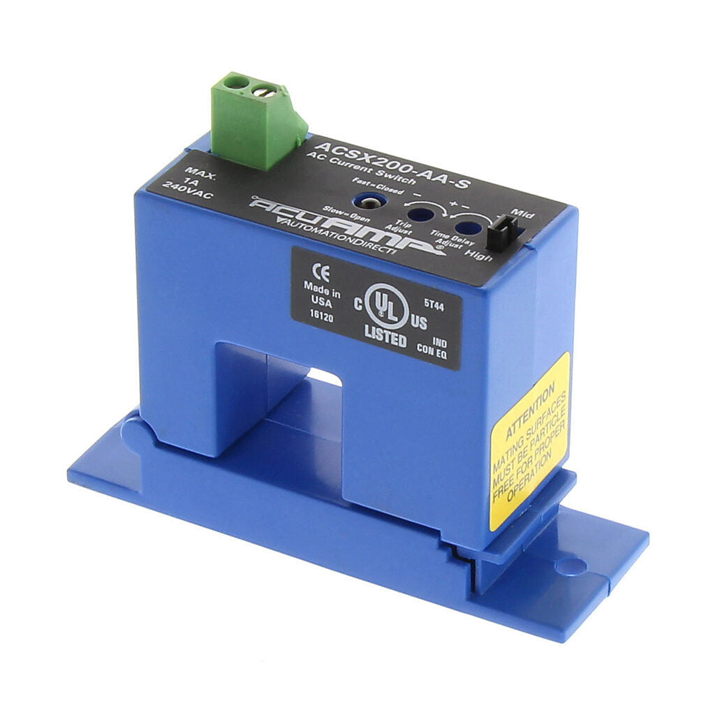 AcuAMP AC current switch, split core, 2-12, 12-55, or 55-200A selectable sensing range, 2-200A adjustable trip point, 4-turn potentiometer, solid state switch, N.O., adjustable time delay output, 1A @ 240 VAC output rating.-ACSX200-AA-S