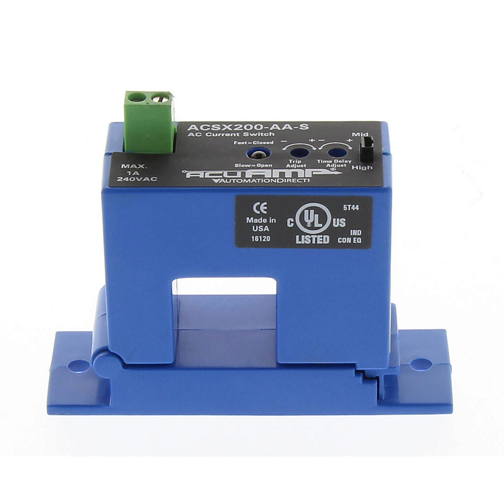 AcuAMP AC current switch, split core, 2-12, 12-55, or 55-200A selectable sensing range, 2-200A adjustable trip point, 4-turn potentiometer, solid state switch, N.O., adjustable time delay output, 1A @ 240 VAC output rating.-ACSX200-AA-S