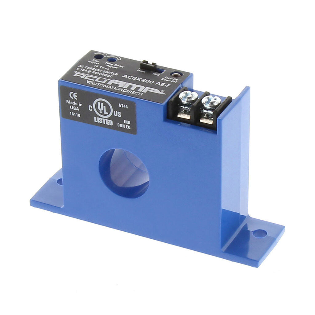 AcuAMP AC current switch, fixed core, 1.5-12, 12-55, or 55-175A selectable sensing range, 1.5-175A adjustable trip point, 15-turn potentiometer, solid state switch, N.O., adjustable time delay output, 0.15A @ 240 VAC/VDC output rating.-ACSX200-AE-F