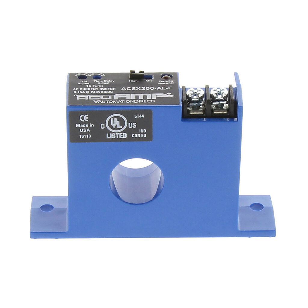 AcuAMP AC current switch, fixed core, 1.5-12, 12-55, or 55-175A selectable sensing range, 1.5-175A adjustable trip point, 15-turn potentiometer, solid state switch, N.O., adjustable time delay output, 0.15A @ 240 VAC/VDC output rating.-ACSX200-AE-F