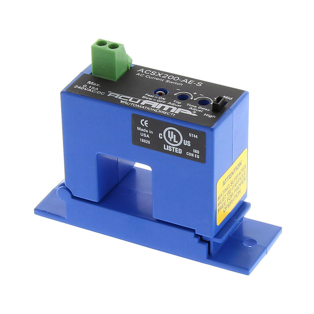 AcuAMP AC current switch, split core, 2-12, 12-55, or 55-200A selectable sensing range, 2-200A adjustable trip point, 4-turn potentiometer, solid state switch, N.O., adjustable time delay output, 0.15A @ 240 VAC/VDC output rating.-ACSX200-AE-S