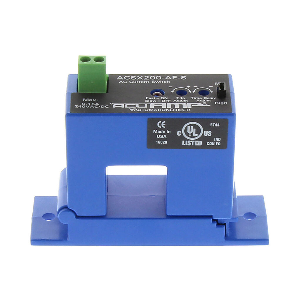 AcuAMP AC current switch, split core, 2-12, 12-55, or 55-200A selectable sensing range, 2-200A adjustable trip point, 4-turn potentiometer, solid state switch, N.O., adjustable time delay output, 0.15A @ 240 VAC/VDC output rating.-ACSX200-AE-S
