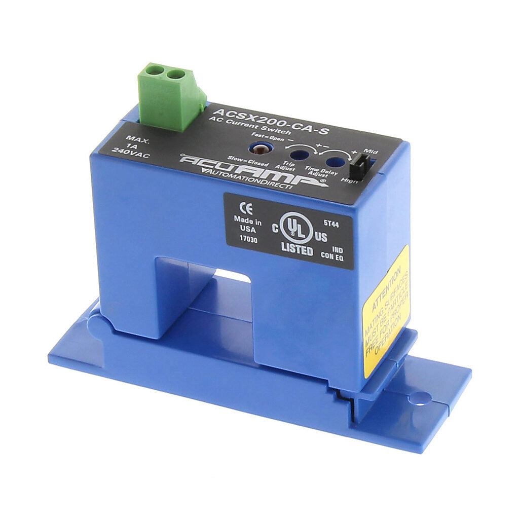 AcuAMP AC current switch, split core, 2-12, 12-55, or 55-200A selectable sensing range, 2-200A adjustable trip point, 4-turn potentiometer, solid state switch, N.C., adjustable time delay output, 1A @ 240 VAC output rating.-ACSX200-CA-S