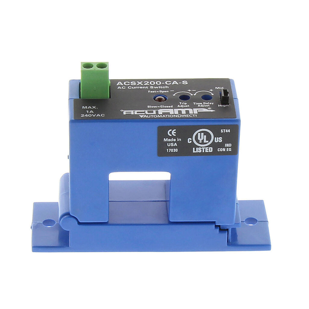 AcuAMP AC current switch, split core, 2-12, 12-55, or 55-200A selectable sensing range, 2-200A adjustable trip point, 4-turn potentiometer, solid state switch, N.C., adjustable time delay output, 1A @ 240 VAC output rating.-ACSX200-CA-S