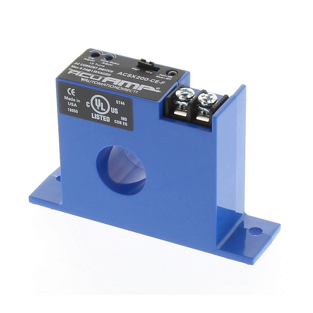 AcuAMP AC current switch, fixed core, 1.5-12, 12-55, or 55-175A selectable sensing range, 1.5-175A adjustable trip point, 15-turn potentiometer, solid state switch, N.C., adjustable time delay output, 0.2A @ 135 VAC/VDC output rating.-ACSX200-CE-F