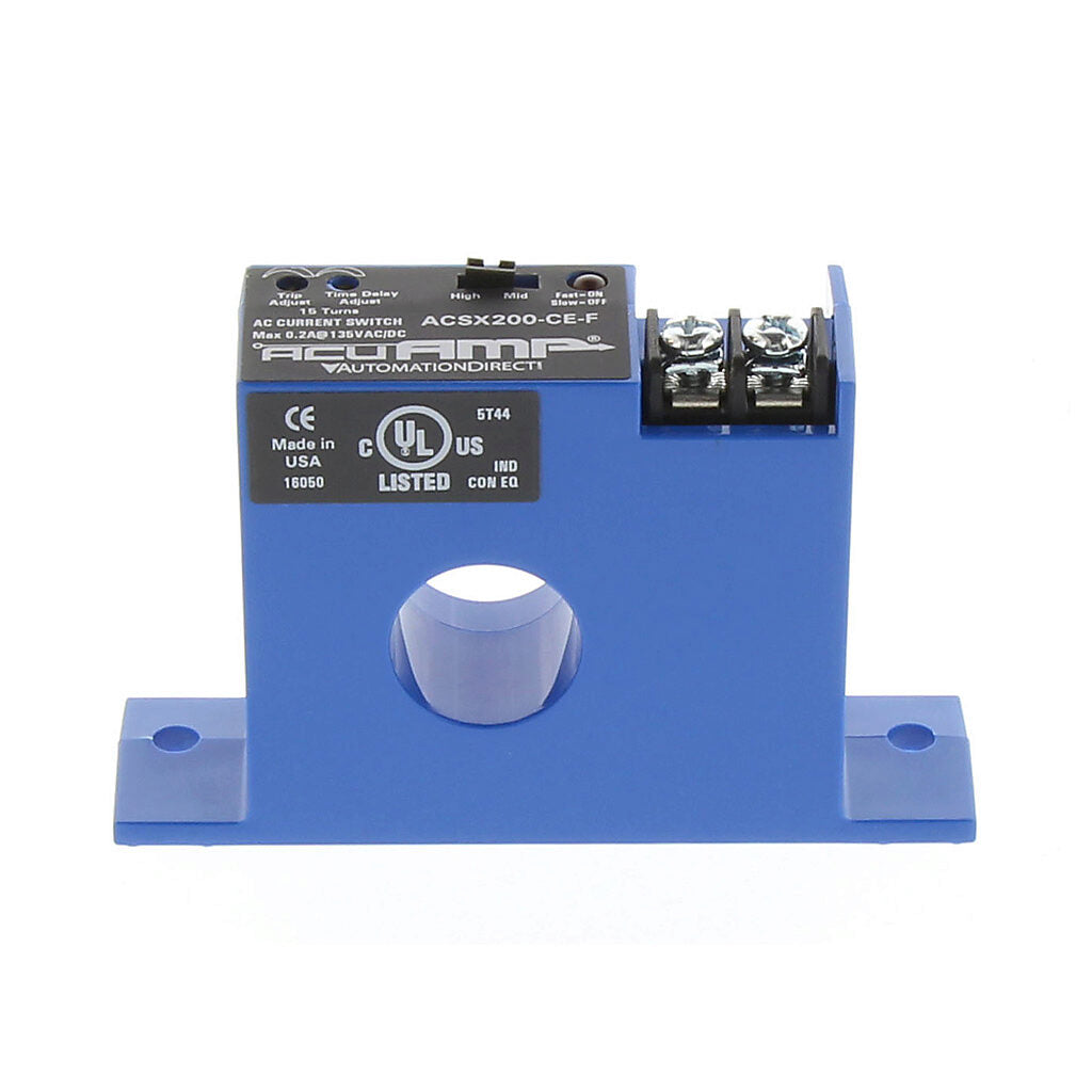 AcuAMP AC current switch, fixed core, 1.5-12, 12-55, or 55-175A selectable sensing range, 1.5-175A adjustable trip point, 15-turn potentiometer, solid state switch, N.C., adjustable time delay output, 0.2A @ 135 VAC/VDC output rating.-ACSX200-CE-F
