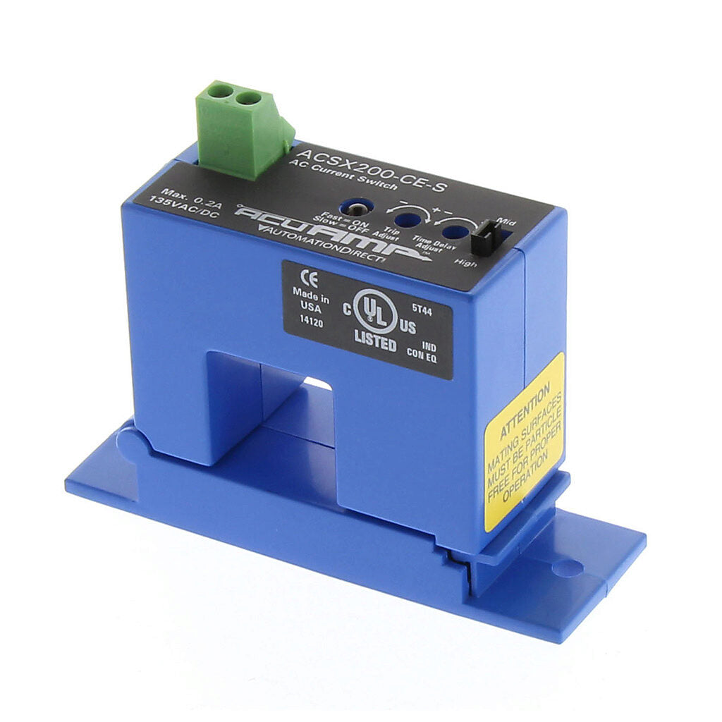 AcuAMP AC current switch, split core, 2-12, 12-55, or 55-200A selectable sensing range, 2-200A adjustable trip point, 4-turn potentiometer, solid state switch, N.C., adjustable time delay output, 0.2A @ 135 VAC/VDC output rating.-ACSX200-CE-S