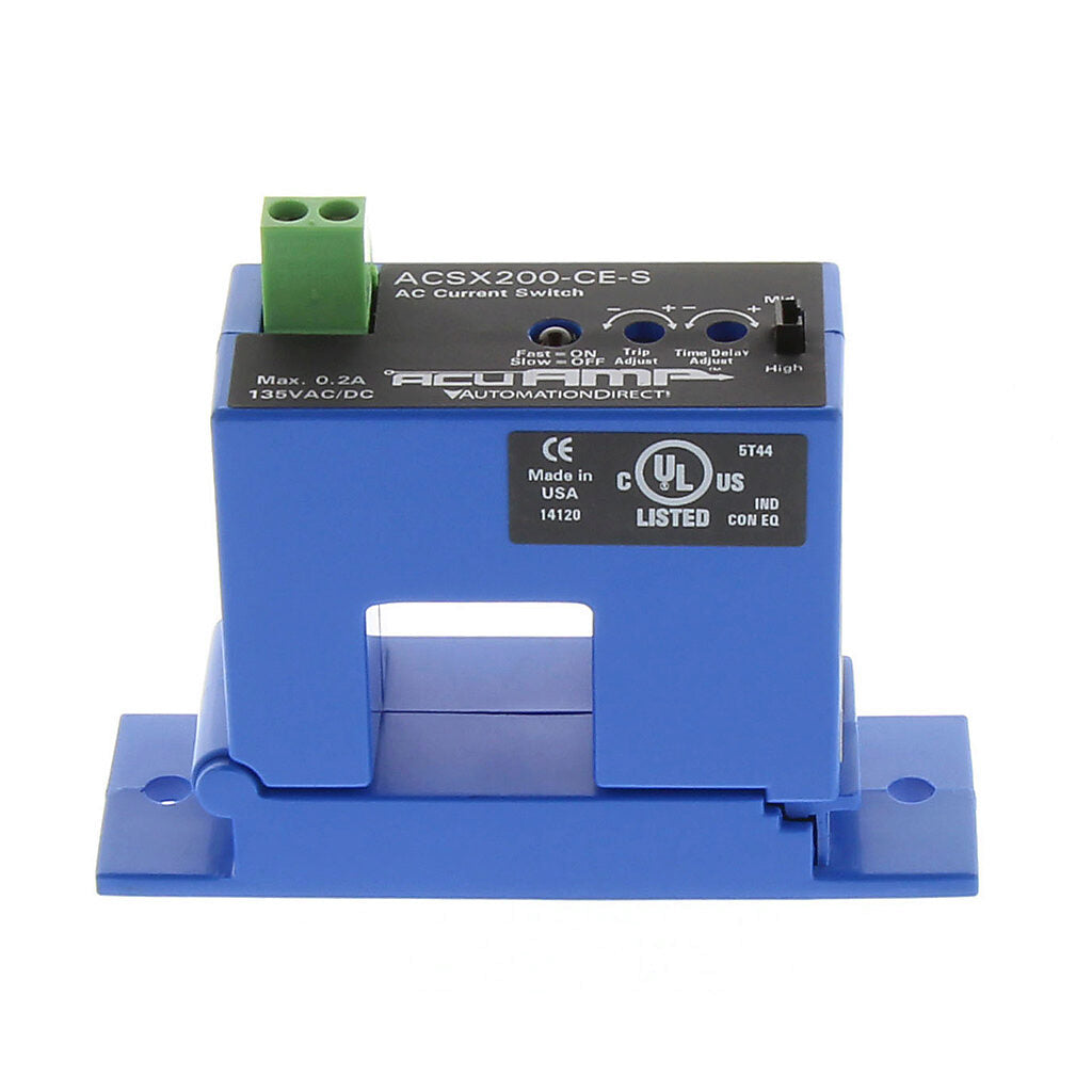 AcuAMP AC current switch, split core, 2-12, 12-55, or 55-200A selectable sensing range, 2-200A adjustable trip point, 4-turn potentiometer, solid state switch, N.C., adjustable time delay output, 0.2A @ 135 VAC/VDC output rating.-ACSX200-CE-S