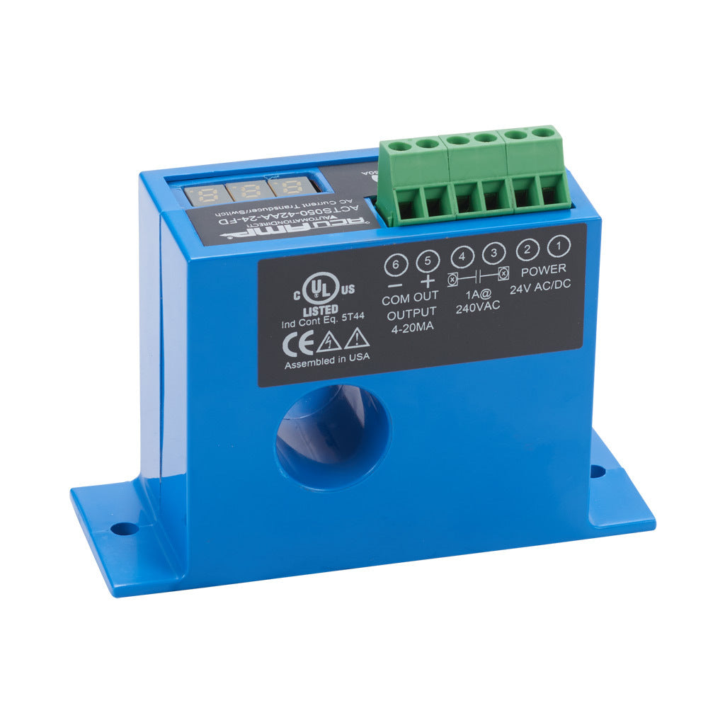 AcuAMP AC current transducer/switch, 1-phase, fixed core, 0-50A sensing range, 1-50A adjustable trip point, single-turn potentiometer with trip point display, 4-20 mA or solid state switch, N.O. output, 1A @ 240 VAC output rating.-ACTS050-42AA-24-FD
