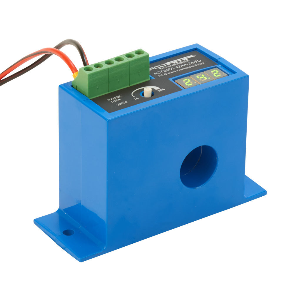 AcuAMP AC current transducer/switch, 1-phase, fixed core, 0-50A sensing range, 1-50A adjustable trip point, single-turn potentiometer with trip point display, 4-20 mA or solid state switch, N.O. output, 1A @ 240 VAC output rating.-ACTS050-42AA-24-FD