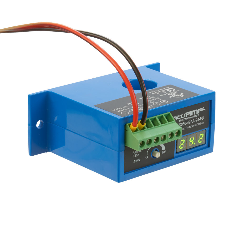 AcuAMP AC current transducer/switch, 1-phase, fixed core, 0-50A sensing range, 1-50A adjustable trip point, single-turn potentiometer with trip point display, 4-20 mA or solid state switch, N.O. output, 1A @ 240 VAC output rating.-ACTS050-42AA-24-FD