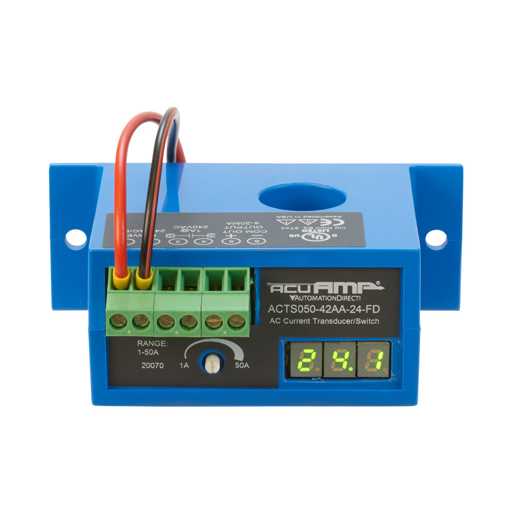 AcuAMP AC current transducer/switch, 1-phase, fixed core, 0-50A sensing range, 1-50A adjustable trip point, single-turn potentiometer with trip point display, 4-20 mA or solid state switch, N.O. output, 1A @ 240 VAC output rating.-ACTS050-42AA-24-FD