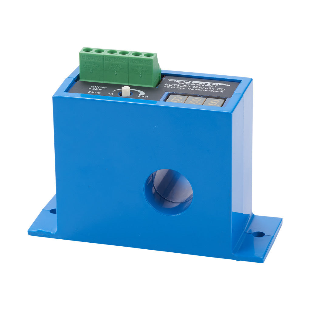 AcuAMP AC current transducer/switch, 1-phase, fixed core, 0-200A sensing range, 4-200A adjustable trip point, single-turn potentiometer with trip point display, 4-20 mA or solid state switch, N.O. output, 1A @ 240 VAC output rating.-ACTS200-42AA-24-FD