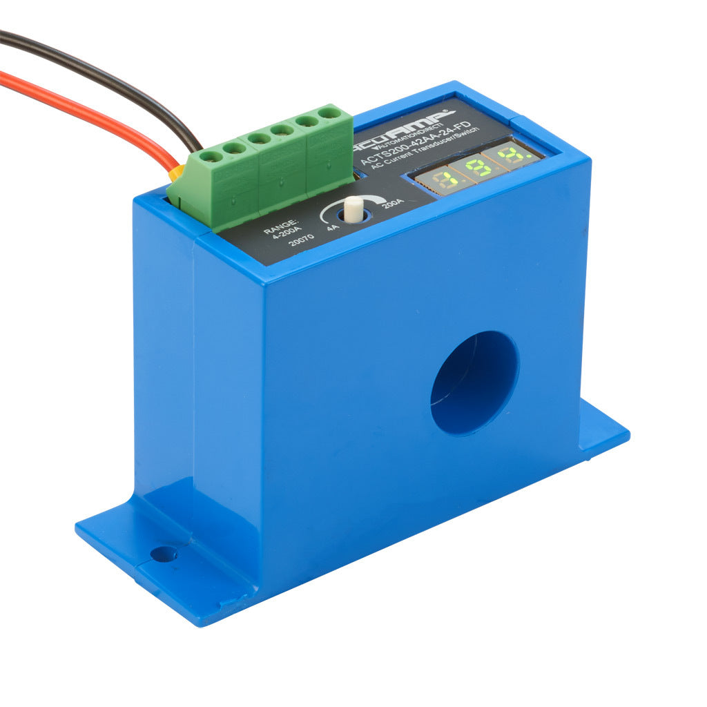 AcuAMP AC current transducer/switch, 1-phase, fixed core, 0-200A sensing range, 4-200A adjustable trip point, single-turn potentiometer with trip point display, 4-20 mA or solid state switch, N.O. output, 1A @ 240 VAC output rating.-ACTS200-42AA-24-FD
