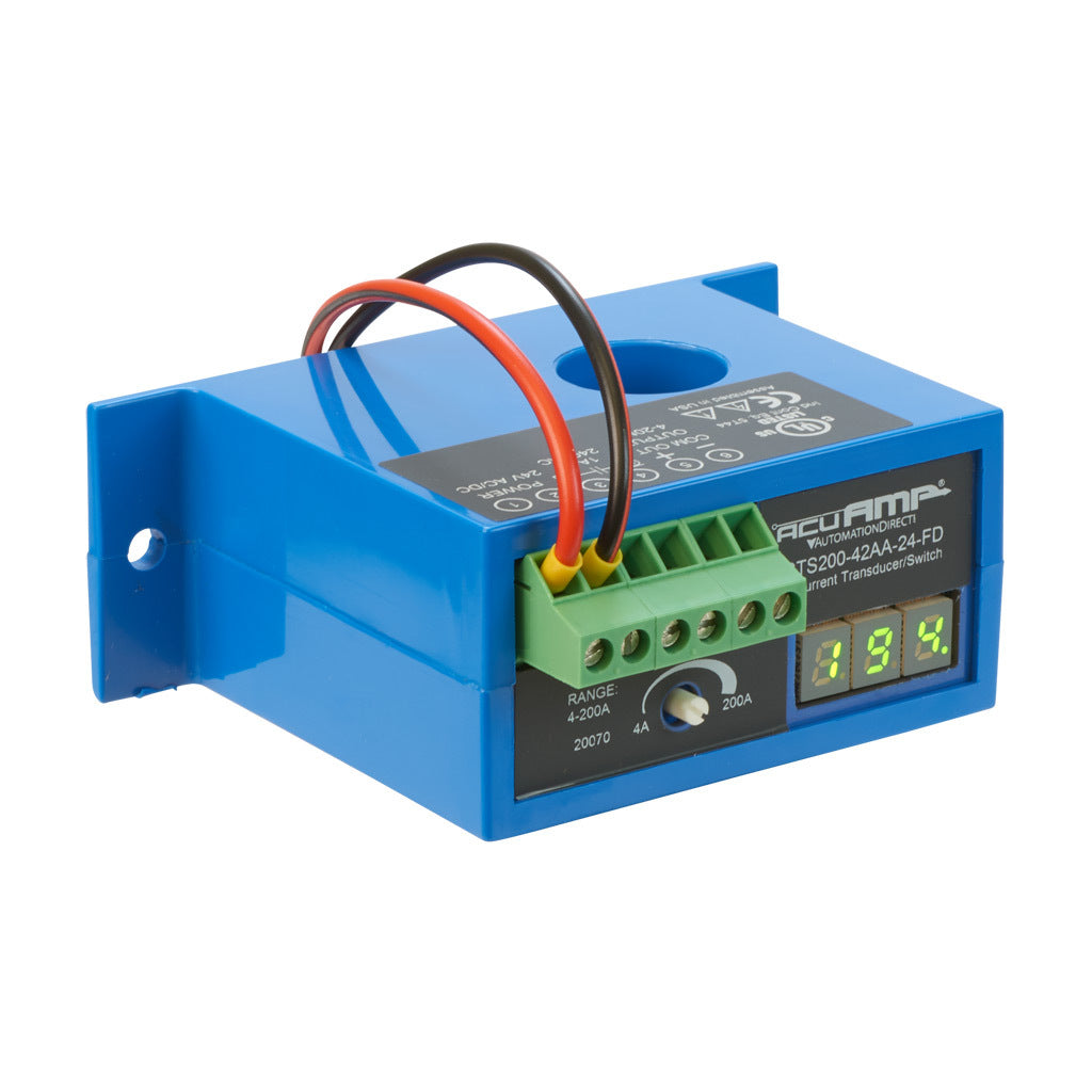 AcuAMP AC current transducer/switch, 1-phase, fixed core, 0-200A sensing range, 4-200A adjustable trip point, single-turn potentiometer with trip point display, 4-20 mA or solid state switch, N.O. output, 1A @ 240 VAC output rating.-ACTS200-42AA-24-FD
