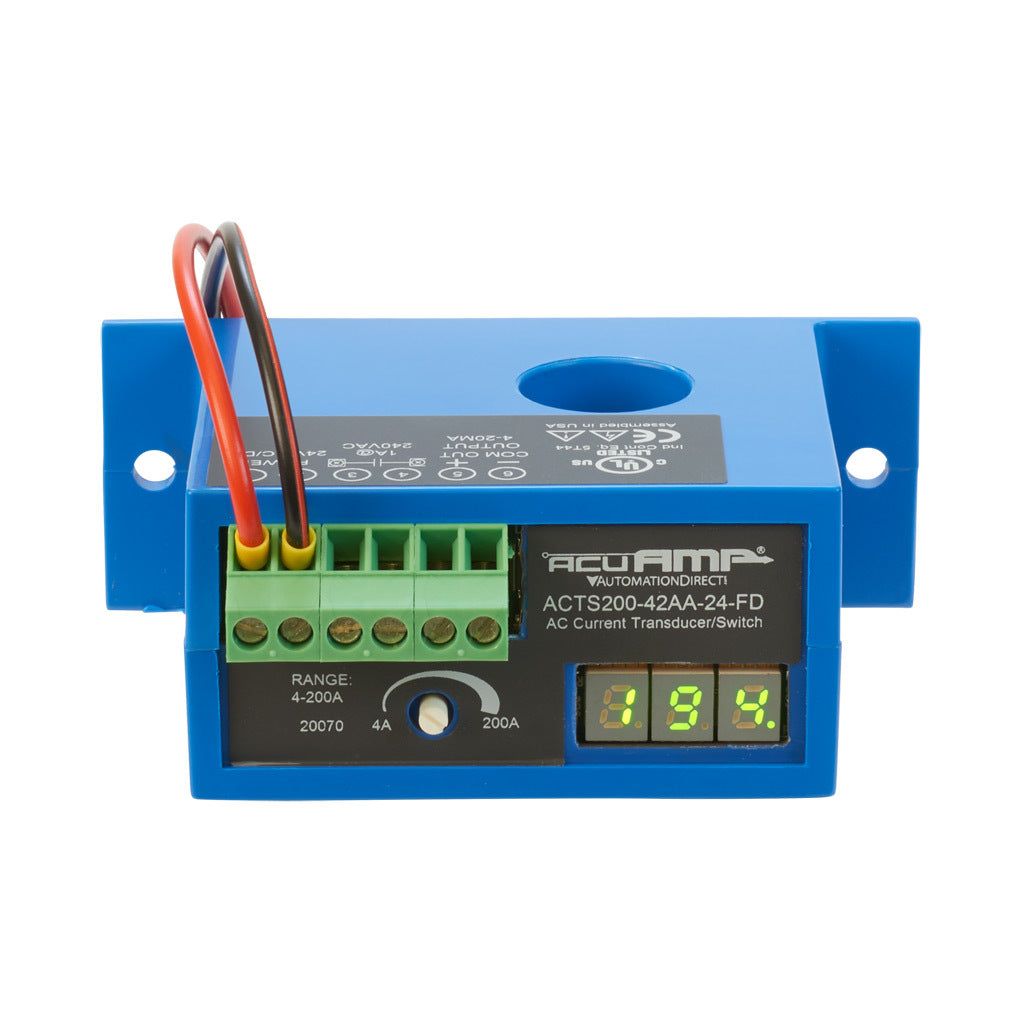 AcuAMP AC current transducer/switch, 1-phase, fixed core, 0-200A sensing range, 4-200A adjustable trip point, single-turn potentiometer with trip point display, 4-20 mA or solid state switch, N.O. output, 1A @ 240 VAC output rating.-ACTS200-42AA-24-FD