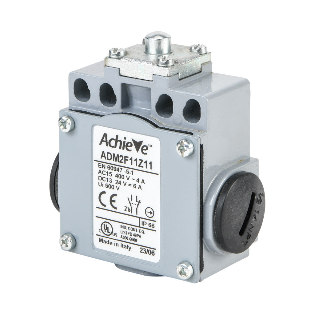 AchieVe IEC limit switch, metal plunger, 90-degree adjustable head, (1) N.O./(1) N.C. contact(s), snap action, 20-22mm or 40-42mm hole spacing, zinc alloy, (3) 1/2in NPT entries.-ADM2F11Z11