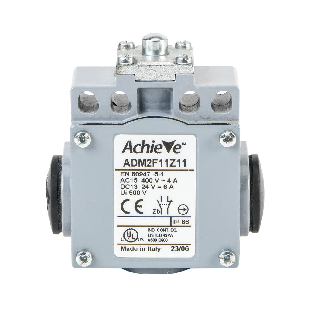 AchieVe IEC limit switch, metal plunger, 90-degree adjustable head, (1) N.O./(1) N.C. contact(s), snap action, 20-22mm or 40-42mm hole spacing, zinc alloy, (3) 1/2in NPT entries.-ADM2F11Z11