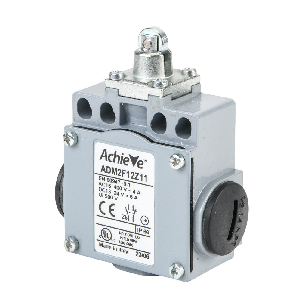 AchieVe IEC limit switch, metal plunger with metal roller, 90-degree adjustable head, (1) N.O./(1) N.C. contact(s), snap action, 20-22mm or 40-42mm hole spacing, zinc alloy, (3) 1/2in NPT entries.-ADM2F12Z11