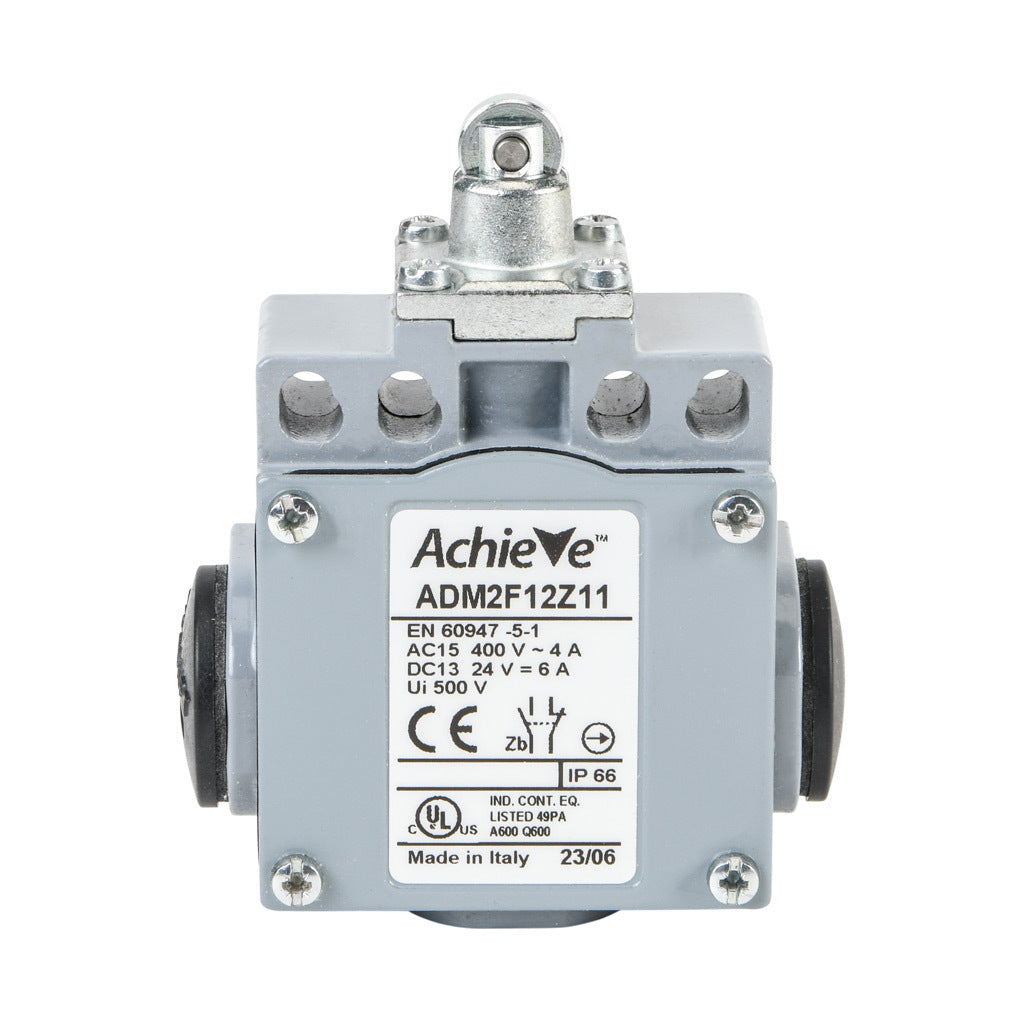 AchieVe IEC limit switch, metal plunger with metal roller, 90-degree adjustable head, (1) N.O./(1) N.C. contact(s), snap action, 20-22mm or 40-42mm hole spacing, zinc alloy, (3) 1/2in NPT entries.-ADM2F12Z11