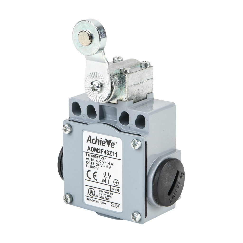 AchieVe IEC limit switch, side rotary lever with 18mm metal roller, 90-degree adjustable head, (1) N.O./(1) N.C. contact(s), snap action, 20-22mm or 40-42mm hole spacing, zinc alloy, (3) 1/2in NPT entries.-ADM2F43Z11