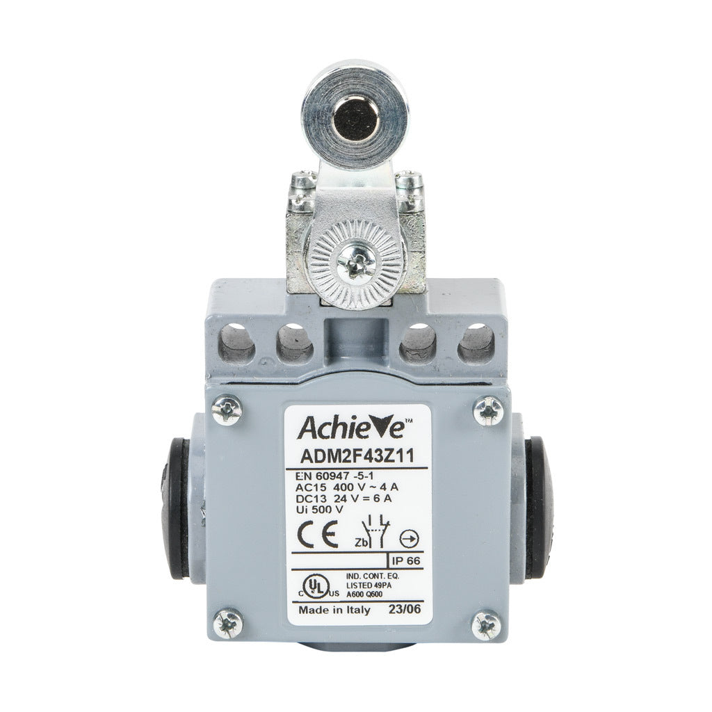AchieVe IEC limit switch, side rotary lever with 18mm metal roller, 90-degree adjustable head, (1) N.O./(1) N.C. contact(s), snap action, 20-22mm or 40-42mm hole spacing, zinc alloy, (3) 1/2in NPT entries.-ADM2F43Z11