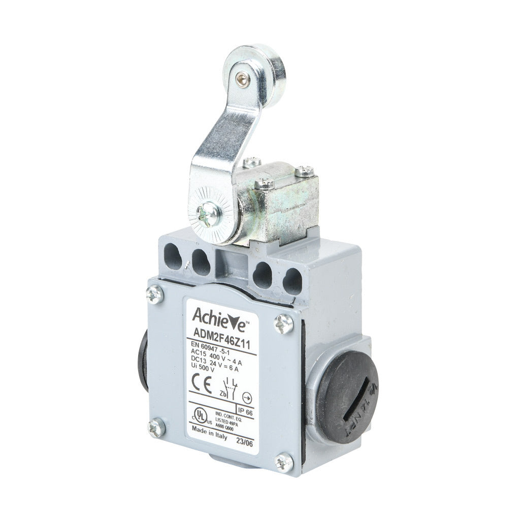 AchieVe IEC limit switch, side rotary lever inward with 18mm metal roller, 90-degree adjustable head, (1) N.O./(1) N.C. contact(s), snap action, 20-22mm or 40-42mm hole spacing, zinc alloy, (3) 1/2in NPT entries.-ADM2F46Z11
