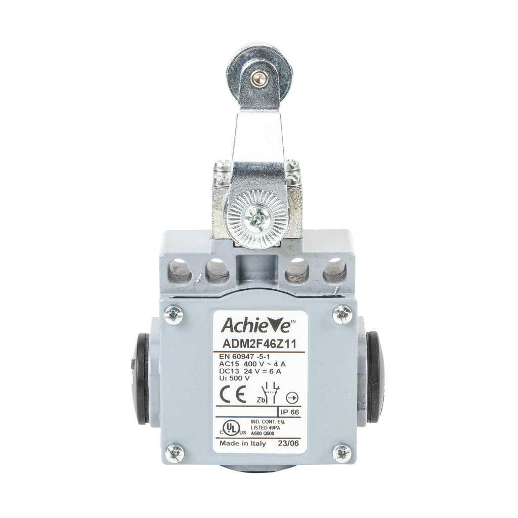 AchieVe IEC limit switch, side rotary lever inward with 18mm metal roller, 90-degree adjustable head, (1) N.O./(1) N.C. contact(s), snap action, 20-22mm or 40-42mm hole spacing, zinc alloy, (3) 1/2in NPT entries.-ADM2F46Z11