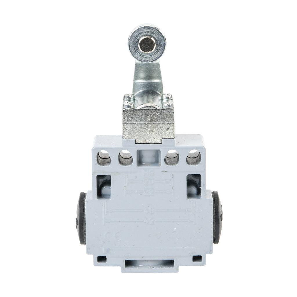 AchieVe IEC limit switch, side rotary lever inward with 18mm metal roller, 90-degree adjustable head, (1) N.O./(1) N.C. contact(s), snap action, 20-22mm or 40-42mm hole spacing, zinc alloy, (3) 1/2in NPT entries.-ADM2F46Z11