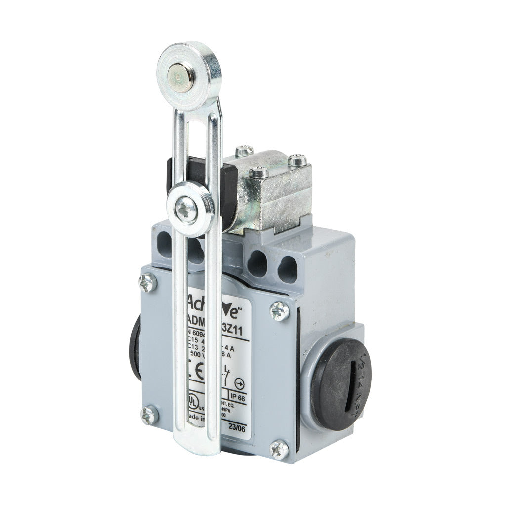 AchieVe IEC limit switch, side rotary adjustable metal lever with 18mm metal roller, 90-degree adjustable head, (1) N.O./(1) N.C. contact(s), snap action, 20-22mm or 40-42mm hole spacing, zinc alloy, (3) 1/2in NPT entries.-ADM2F53Z11