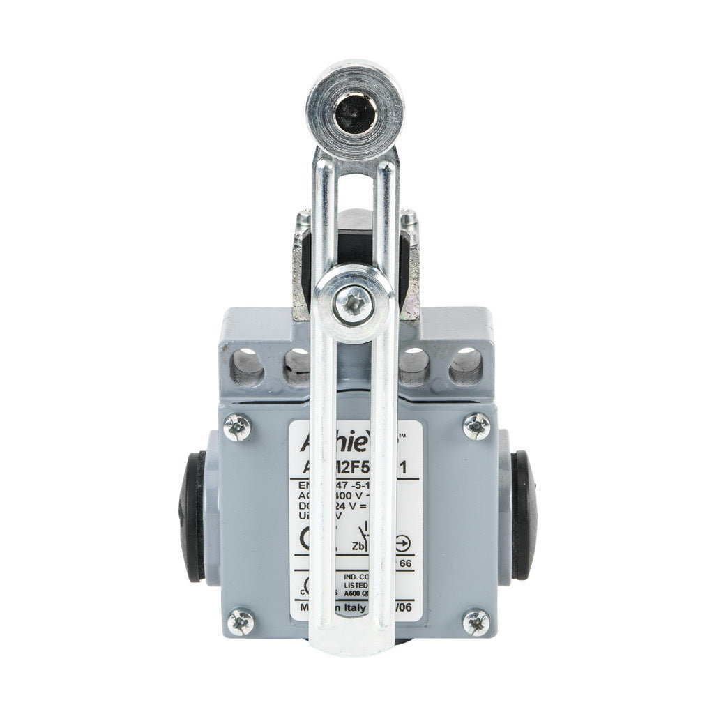 AchieVe IEC limit switch, side rotary adjustable metal lever with 18mm metal roller, 90-degree adjustable head, (1) N.O./(1) N.C. contact(s), snap action, 20-22mm or 40-42mm hole spacing, zinc alloy, (3) 1/2in NPT entries.-ADM2F53Z11
