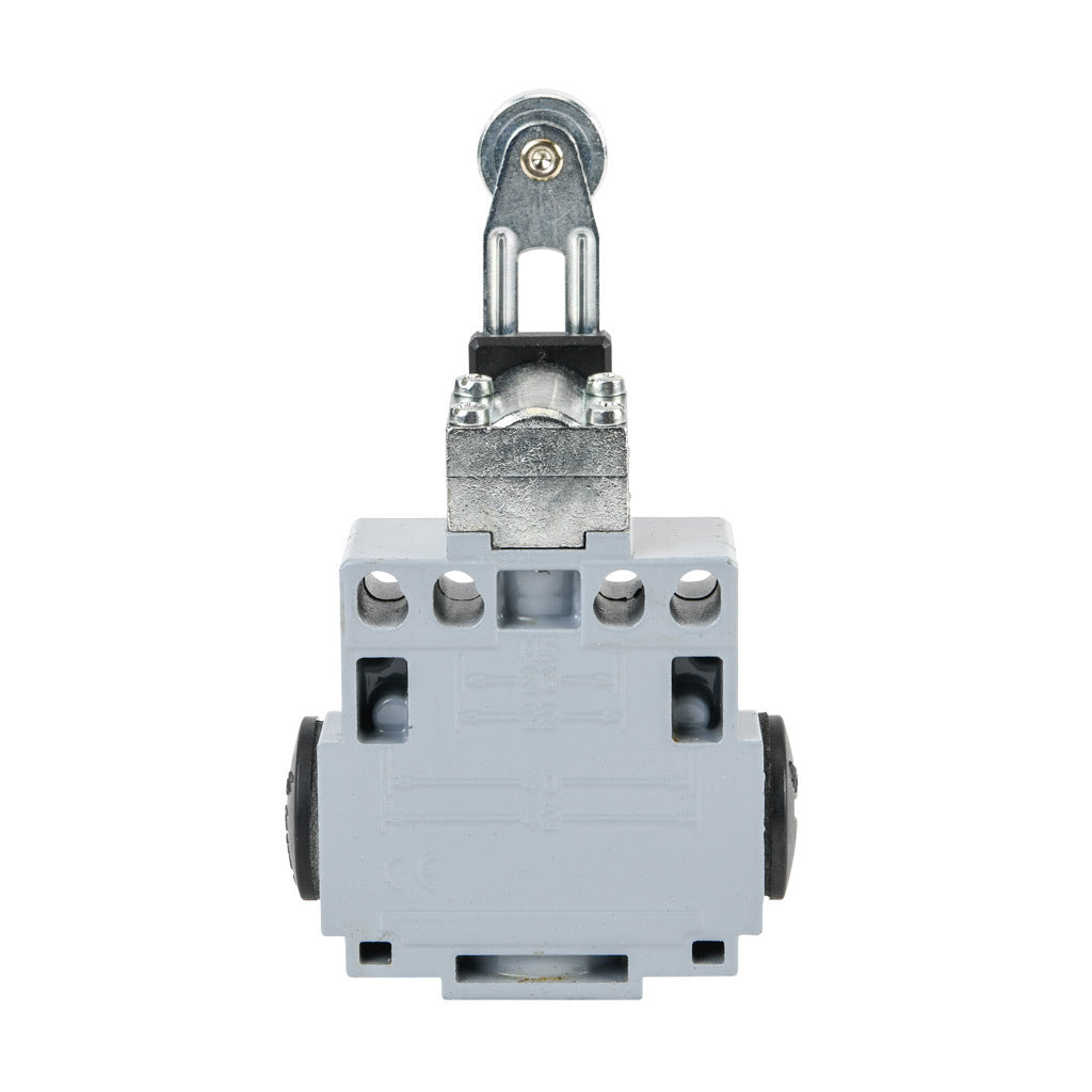 AchieVe IEC limit switch, side rotary adjustable metal lever with 18mm metal roller, 90-degree adjustable head, (1) N.O./(1) N.C. contact(s), snap action, 20-22mm or 40-42mm hole spacing, zinc alloy, (3) 1/2in NPT entries.-ADM2F53Z11
