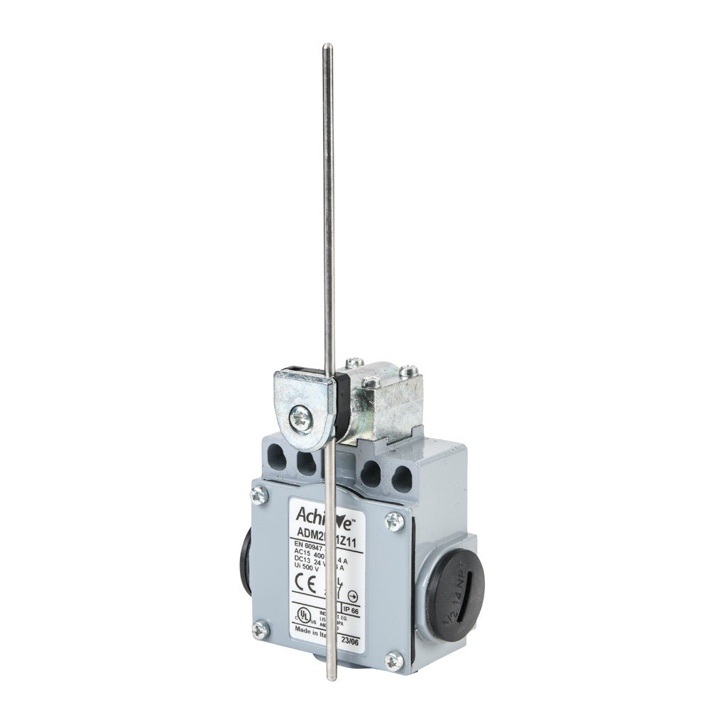 AchieVe IEC limit switch, side rotary adjustable 3mm stainless steel rod, 90-degree adjustable head, (1) N.O./(1) N.C. contact(s), snap action, 20-22mm or 40-42mm hole spacing, zinc alloy, (3) 1/2in NPT entries.-ADM2F71Z11
