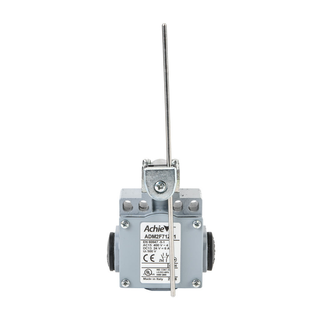 AchieVe IEC limit switch, side rotary adjustable 3mm stainless steel rod, 90-degree adjustable head, (1) N.O./(1) N.C. contact(s), snap action, 20-22mm or 40-42mm hole spacing, zinc alloy, (3) 1/2in NPT entries.-ADM2F71Z11