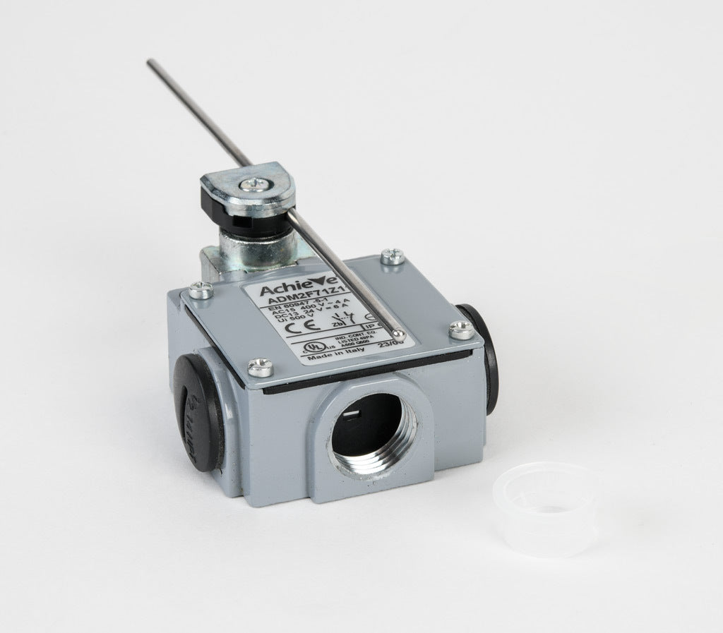 AchieVe IEC limit switch, side rotary adjustable 3mm stainless steel rod, 90-degree adjustable head, (1) N.O./(1) N.C. contact(s), snap action, 20-22mm or 40-42mm hole spacing, zinc alloy, (3) 1/2in NPT entries.-ADM2F71Z11