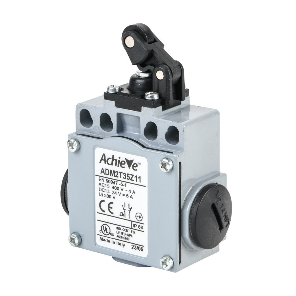 AchieVe IEC limit switch, one-way horizontal lever with metal roller and dust cap, 90-degree adjustable head, (1) N.O./(1) N.C. contact(s), snap action, 20-22mm or 40-42mm hole spacing, zinc alloy, (3) 1/2in NPT entries.-ADM2T35Z11