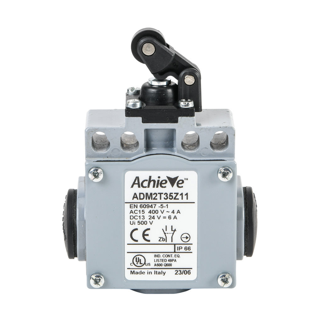 AchieVe IEC limit switch, one-way horizontal lever with metal roller and dust cap, 90-degree adjustable head, (1) N.O./(1) N.C. contact(s), snap action, 20-22mm or 40-42mm hole spacing, zinc alloy, (3) 1/2in NPT entries.-ADM2T35Z11