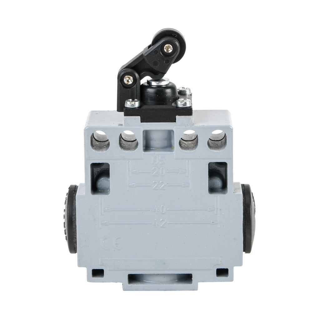 AchieVe IEC limit switch, one-way horizontal lever with metal roller and dust cap, 90-degree adjustable head, (1) N.O./(1) N.C. contact(s), snap action, 20-22mm or 40-42mm hole spacing, zinc alloy, (3) 1/2in NPT entries.-ADM2T35Z11
