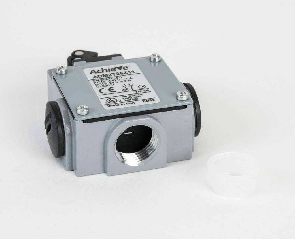 AchieVe IEC limit switch, one-way horizontal lever with metal roller and dust cap, 90-degree adjustable head, (1) N.O./(1) N.C. contact(s), snap action, 20-22mm or 40-42mm hole spacing, zinc alloy, (3) 1/2in NPT entries.-ADM2T35Z11