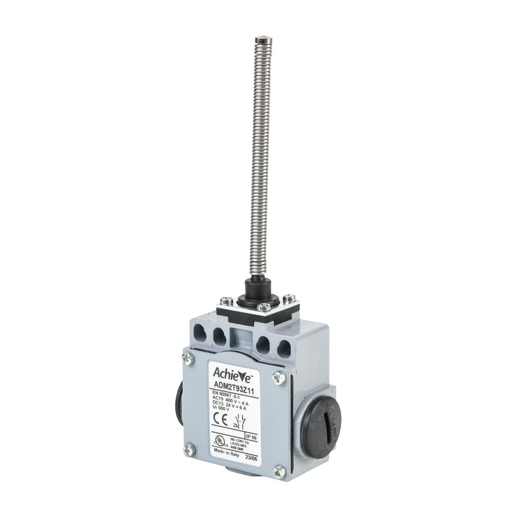 AchieVe IEC limit switch, 360 degree stainless steel spring, 90-degree adjustable head, (1) N.O./(1) N.C. contact(s), snap action, 20-22mm or 40-42mm hole spacing, zinc alloy, (3) 1/2in NPT entries.-ADM2T93Z11