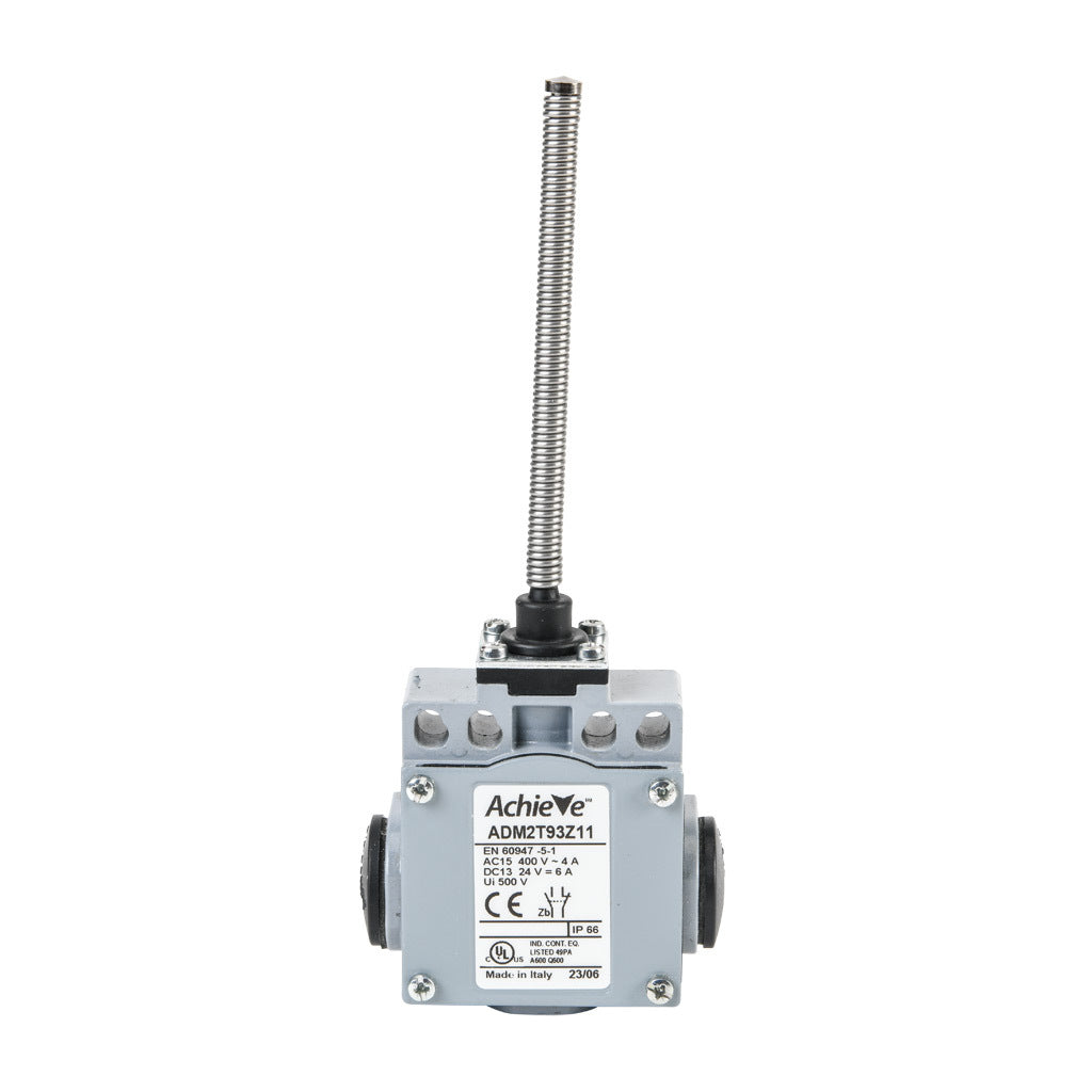 AchieVe IEC limit switch, 360 degree stainless steel spring, 90-degree adjustable head, (1) N.O./(1) N.C. contact(s), snap action, 20-22mm or 40-42mm hole spacing, zinc alloy, (3) 1/2in NPT entries.-ADM2T93Z11