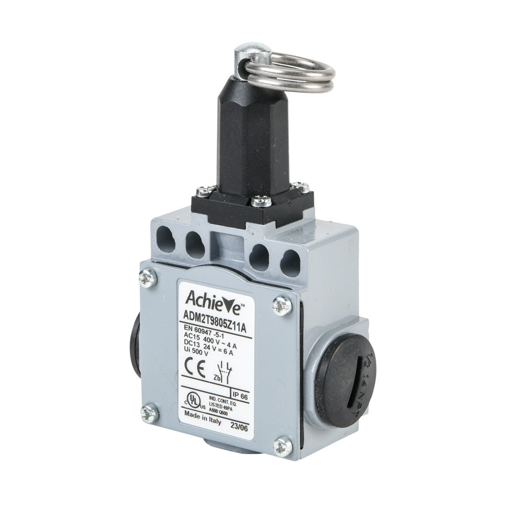 AchieVe IEC limit switch, pull action with ring, 90-degree adjustable head, (1) N.O./(1) N.C. contact(s), snap action, 20-22mm or 40-42mm hole spacing, zinc alloy, (3) 1/2in NPT entries.-ADM2T9805Z11A