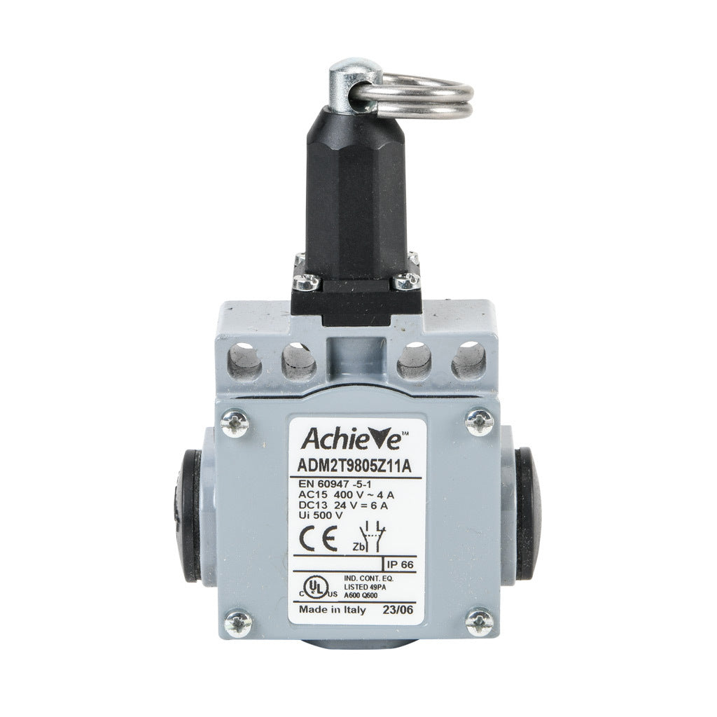 AchieVe IEC limit switch, pull action with ring, 90-degree adjustable head, (1) N.O./(1) N.C. contact(s), snap action, 20-22mm or 40-42mm hole spacing, zinc alloy, (3) 1/2in NPT entries.-ADM2T9805Z11A