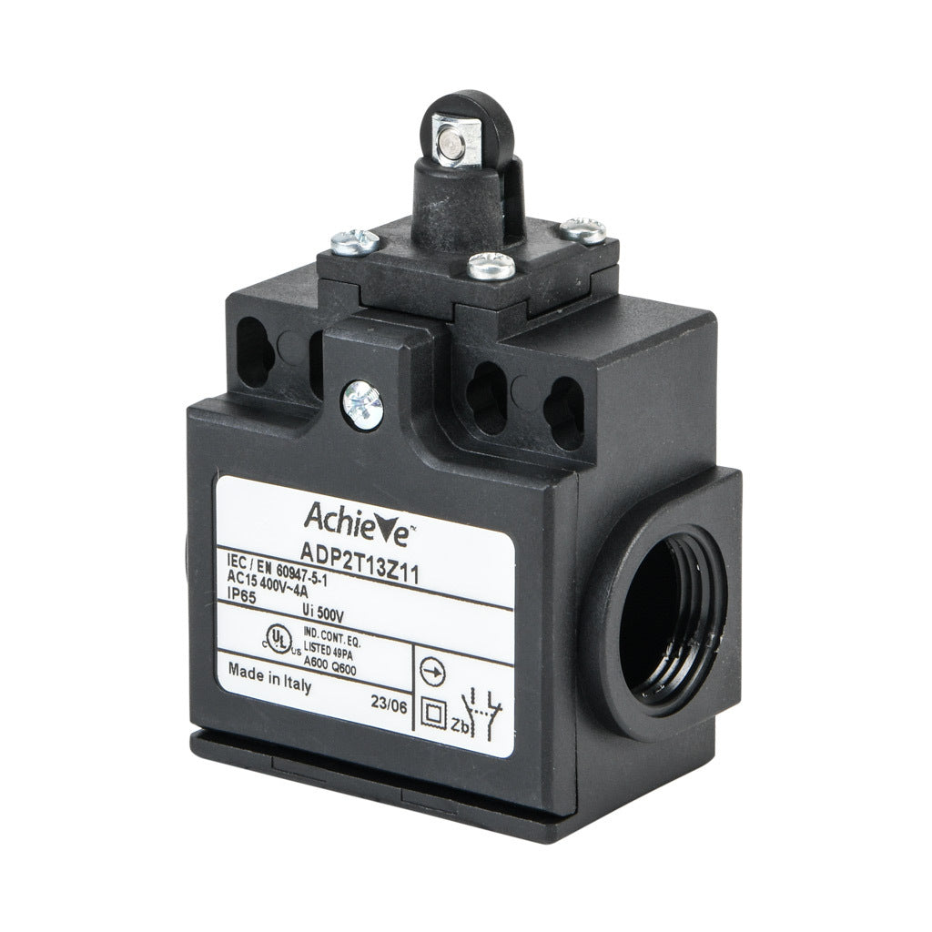 AchieVe IEC limit switch, metal plunger with metal roller, 90-degree adjustable head, (1) N.O./(1) N.C. contact(s), snap action, 20-22mm or 40-42mm hole spacing, plastic, (2) PG11 cable entries with (1) 1/2in NPT adapter.-ADP2T13Z11