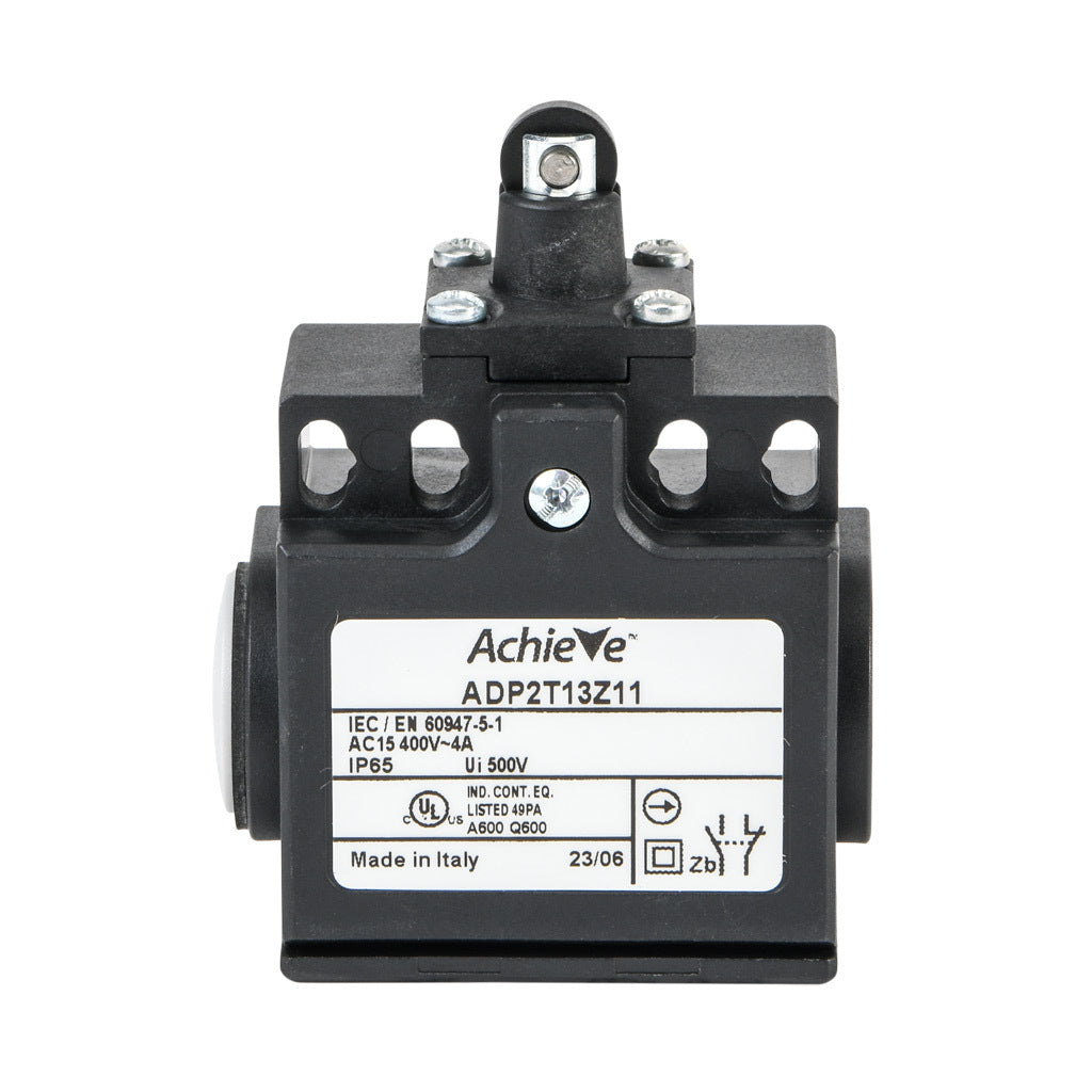 AchieVe IEC limit switch, metal plunger with metal roller, 90-degree adjustable head, (1) N.O./(1) N.C. contact(s), snap action, 20-22mm or 40-42mm hole spacing, plastic, (2) PG11 cable entries with (1) 1/2in NPT adapter.-ADP2T13Z11