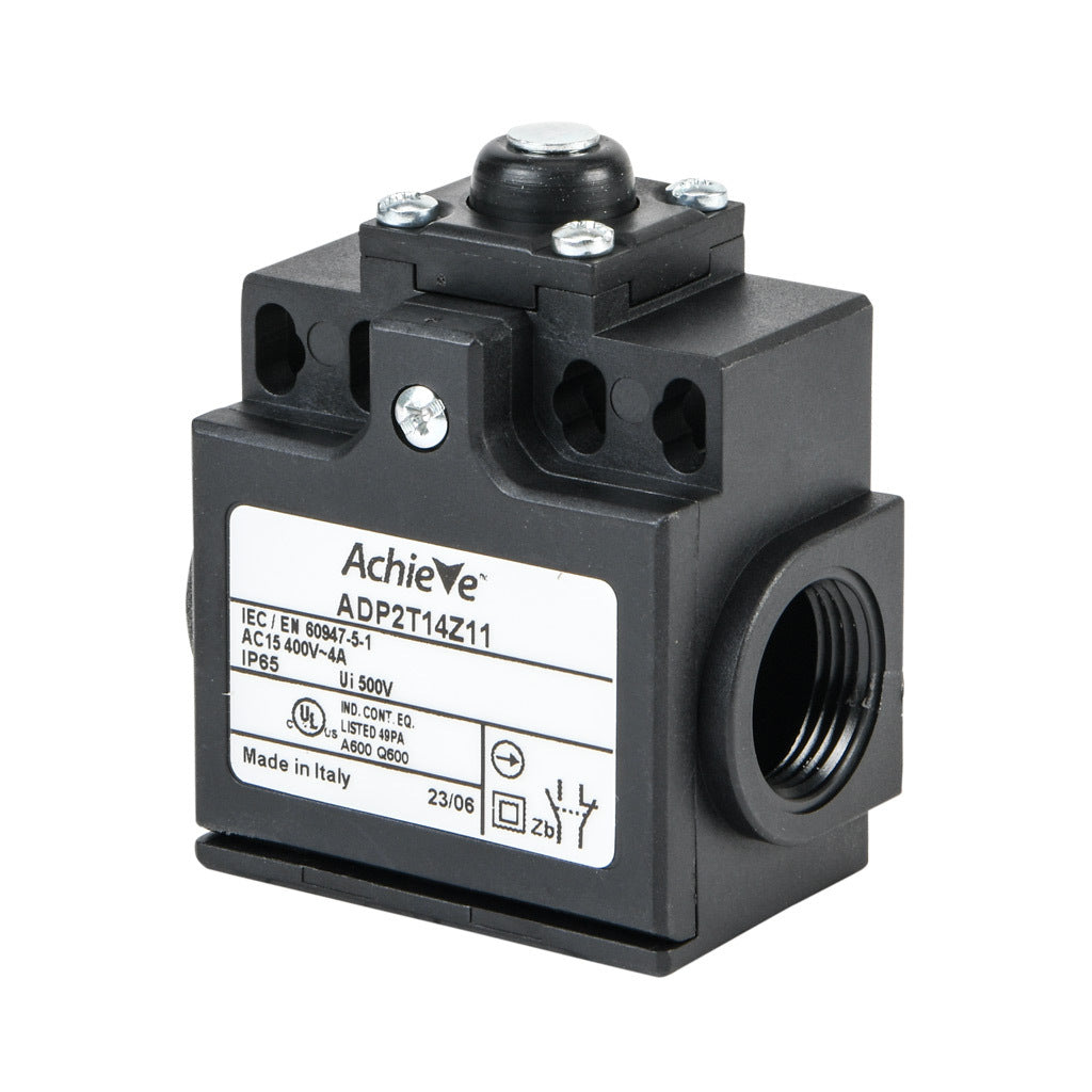 AchieVe IEC limit switch, metal plunger with metal roller and dust cap, 90-degree adjustable head, (1) N.O./(1) N.C. contact(s), snap action, 20-22mm or 40-42mm hole spacing, plastic, (2) PG11 cable entries with (1) 1/2in NPT adapter.-ADP2T14Z11