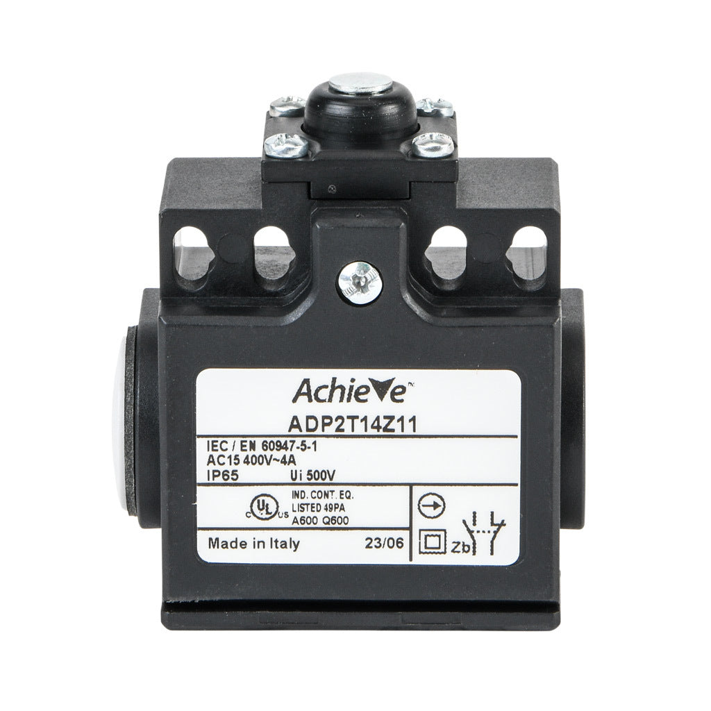 AchieVe IEC limit switch, metal plunger with metal roller and dust cap, 90-degree adjustable head, (1) N.O./(1) N.C. contact(s), snap action, 20-22mm or 40-42mm hole spacing, plastic, (2) PG11 cable entries with (1) 1/2in NPT adapter.-ADP2T14Z11